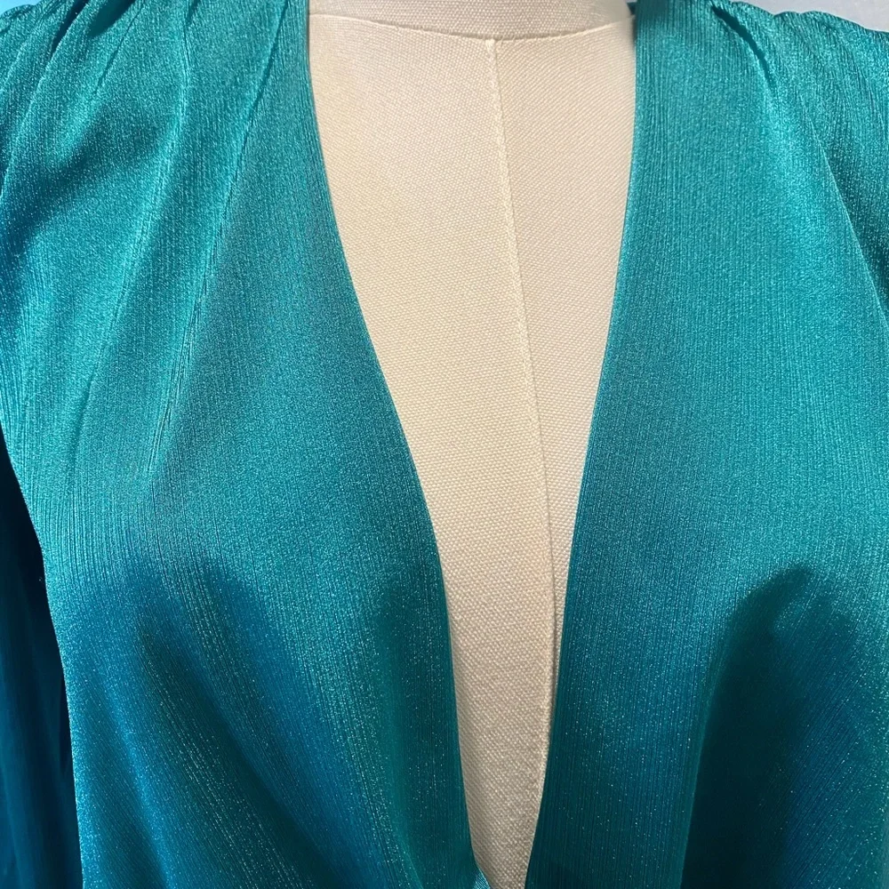 Bronx and Banco Teal Maxi Dress | Deep V Neck, Long Sleeve, High Slit - Picture 7 of 9